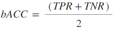 Balanced accuracy: the mean of true positive and true negative rates.