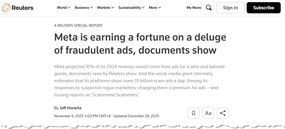Screenshot of the cited Reuters investigation into fraudulent advertising on Meta platforms.