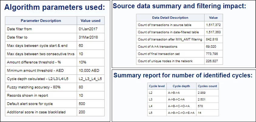 Algorithm parameters, source-data summary and identified transaction cycles.