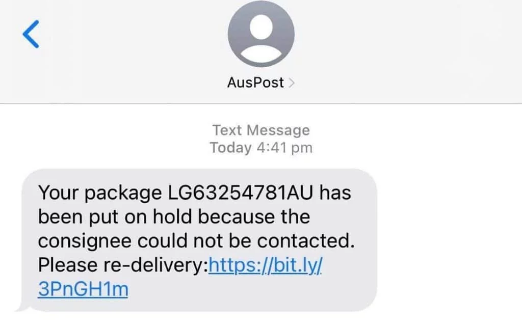 A parcel-delivery SMS using a shortened URL to obscure its destination.