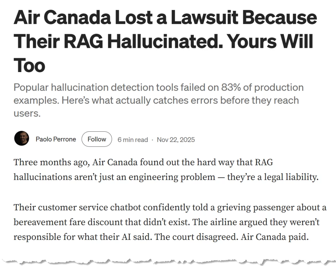 Screenshot of the cited article discussing Air Canada's chatbot liability case.
