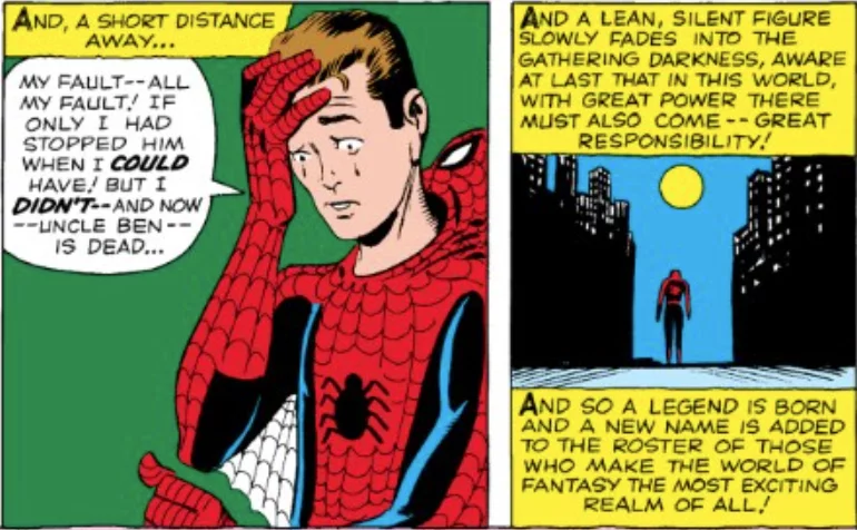 A Spider-Man comic panel linking power with responsibility.