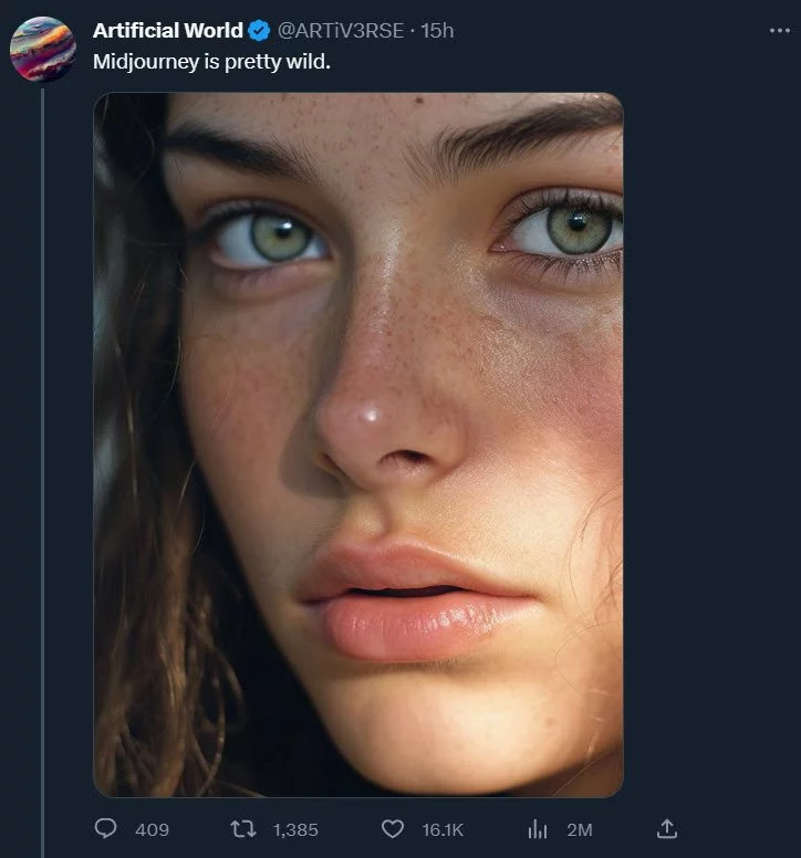 A social-media post featuring an AI-generated portrait.