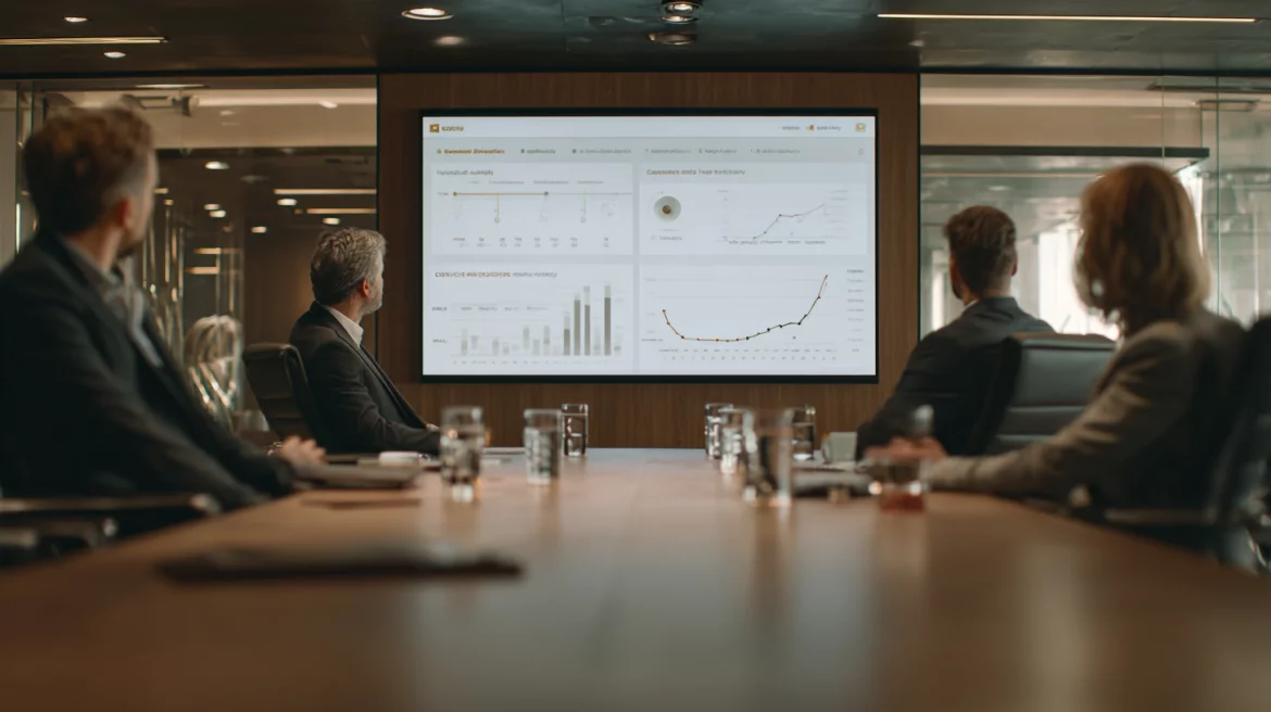 Illustration of a team reviewing technology performance and business decisions.