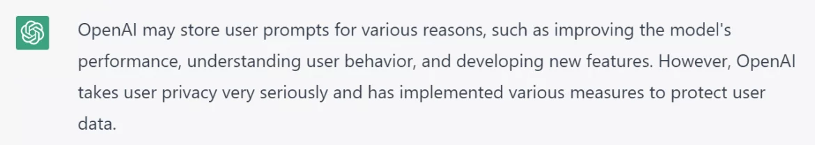 A historical ChatGPT response describing possible uses of submitted prompts.
