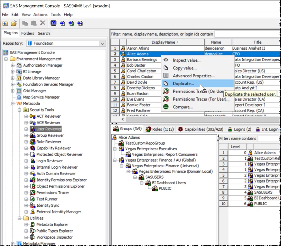 User and metadata management in SAS Management Console.
